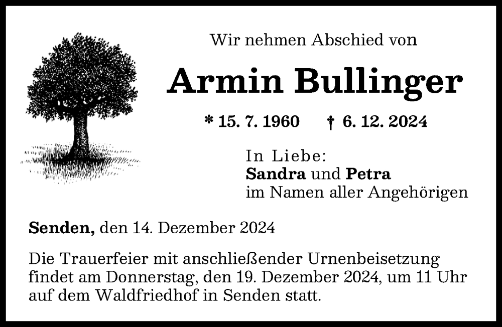 Traueranzeige von Armin Bullinger von Neu-Ulmer Zeitung