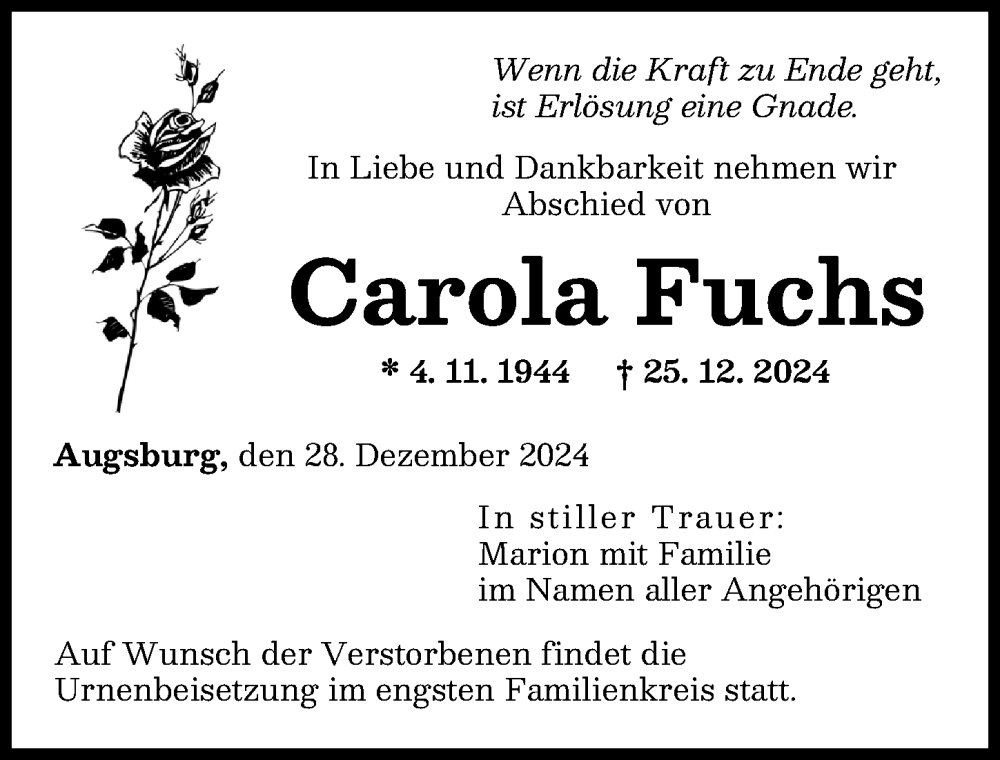 Traueranzeige von Carola Fuchs von Augsburger Allgemeine