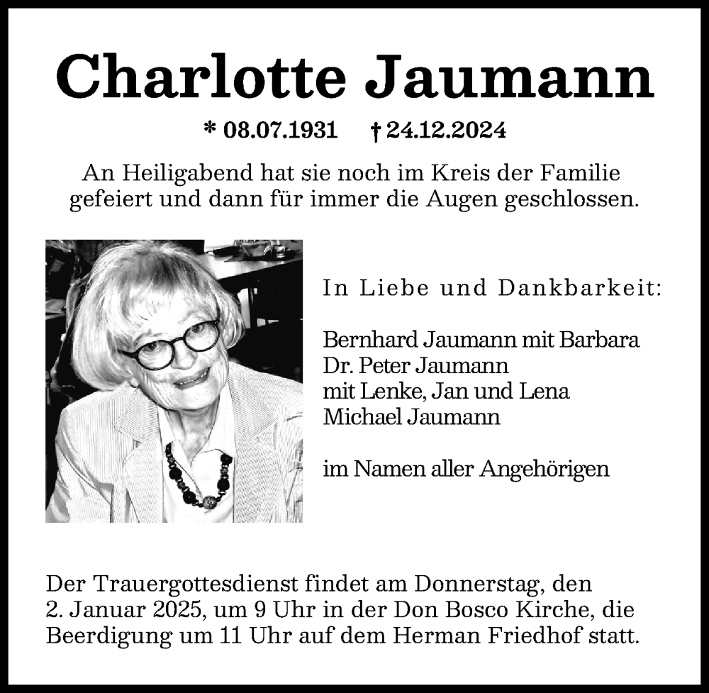 Traueranzeige von Charlotte Jaumann von Augsburger Allgemeine