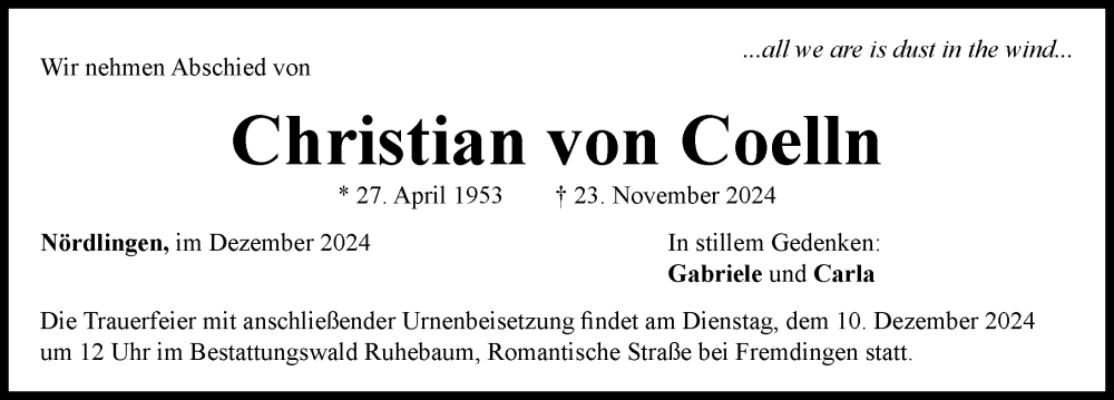 Traueranzeige von Christian von Coelln von Rieser Nachrichten