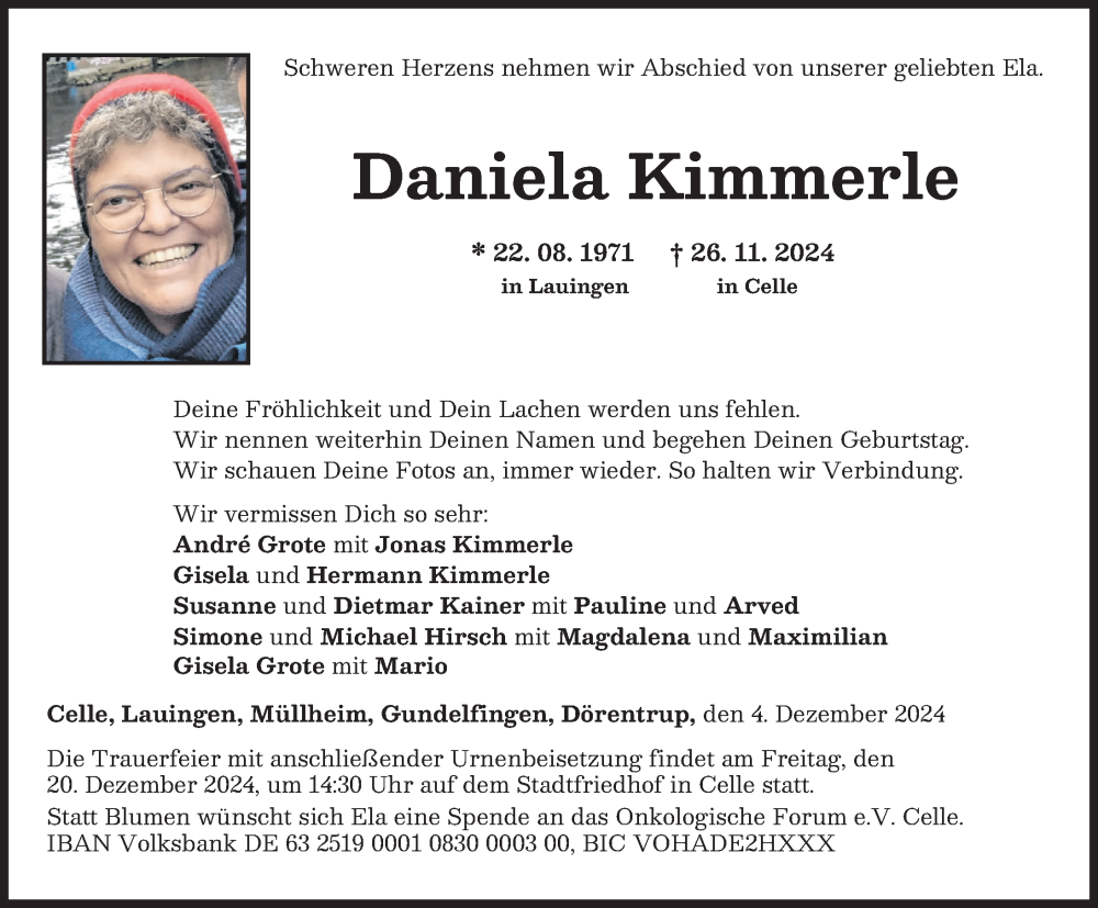  Traueranzeige für Daniela Kimmerle vom 04.12.2024 aus Donau Zeitung