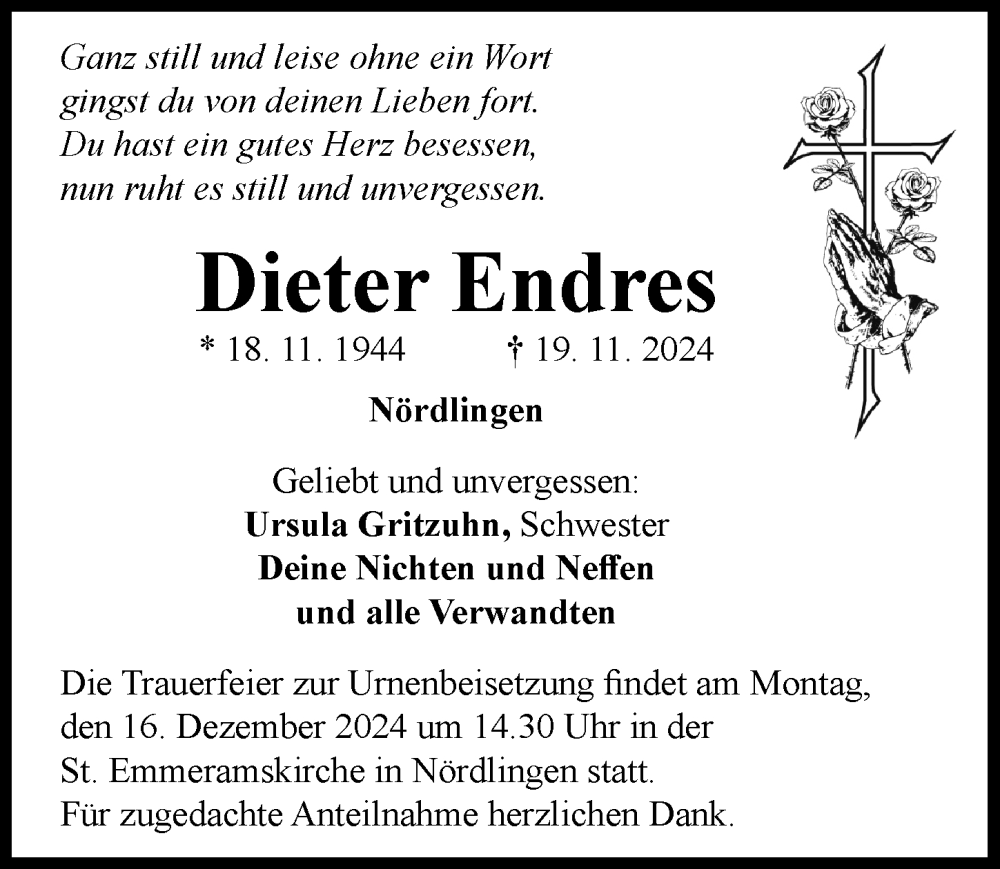 Traueranzeige von Dieter Endres von Rieser Nachrichten