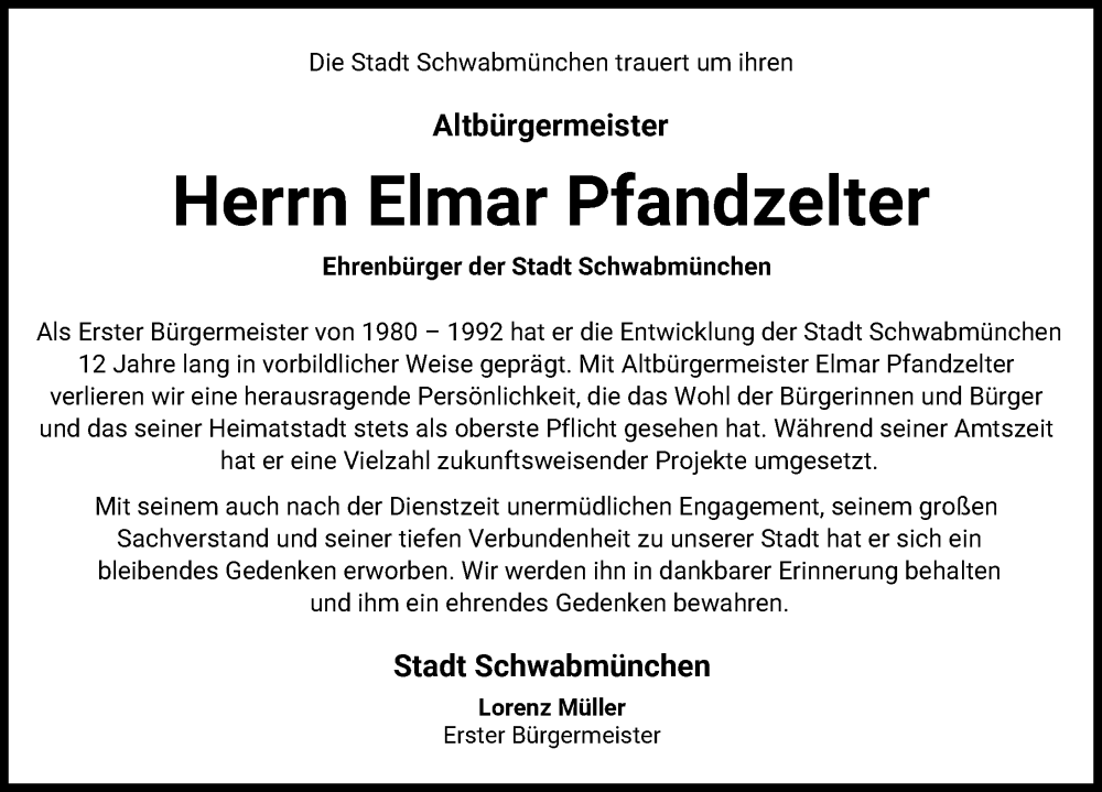  Traueranzeige für Elmar Pfandzelter vom 31.12.2024 aus Schwabmünchner Allgemeine