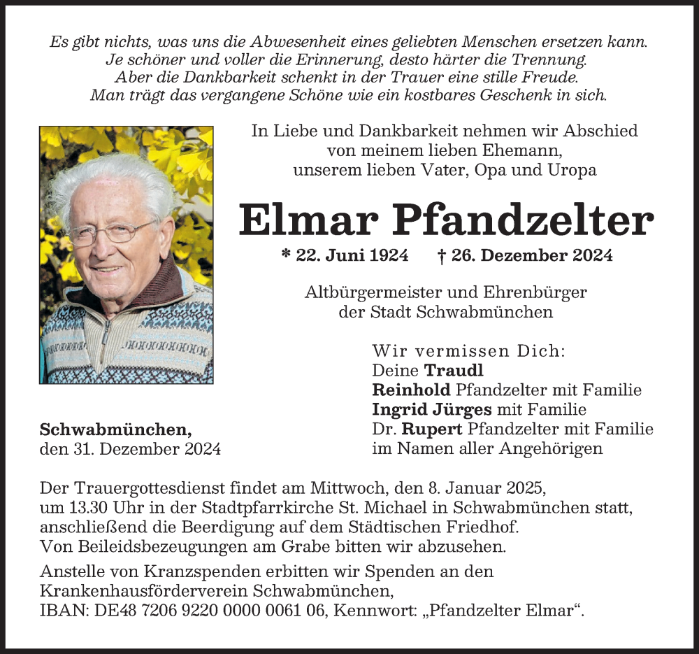  Traueranzeige für Elmar Pfandzelter vom 31.12.2024 aus Schwabmünchner Allgemeine, Augsburger Allgemeine