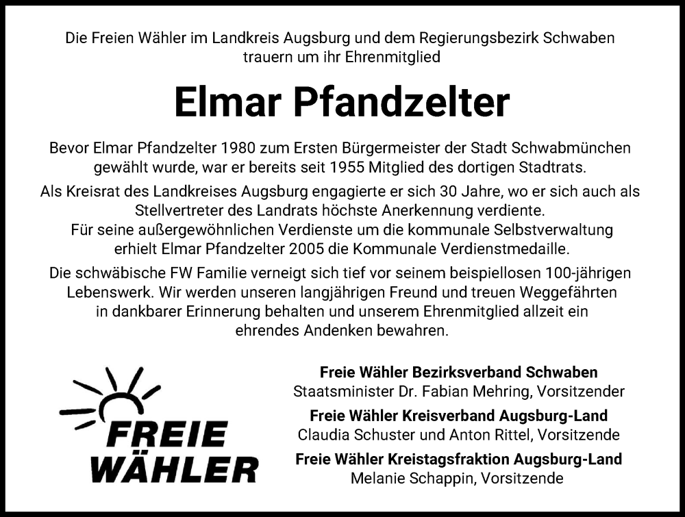  Traueranzeige für Elmar Pfandzelter vom 31.12.2024 aus Augsburg-Land, Schwabmünchner Allgemeine