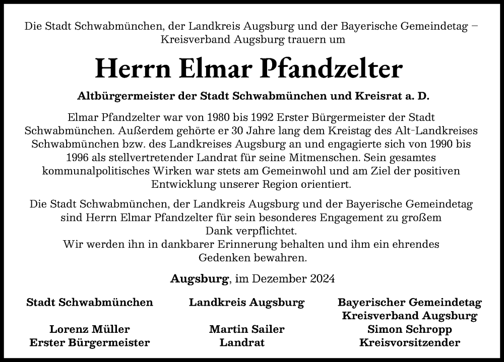  Traueranzeige für Elmar Pfandzelter vom 31.12.2024 aus Schwabmünchner Allgemeine