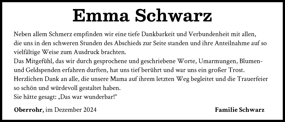 Traueranzeige von Emma Schwarz von Mittelschwäbische Nachrichten