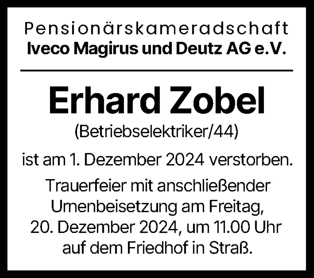 Traueranzeige von Erhard Zobel von Illertisser Zeitung, Günzburger Zeitung, Neu-Ulmer Zeitung