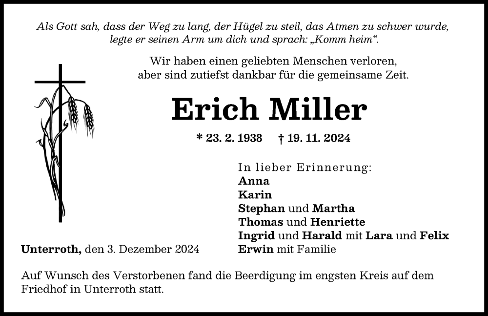 Traueranzeige von Erich Miller von Illertisser Zeitung