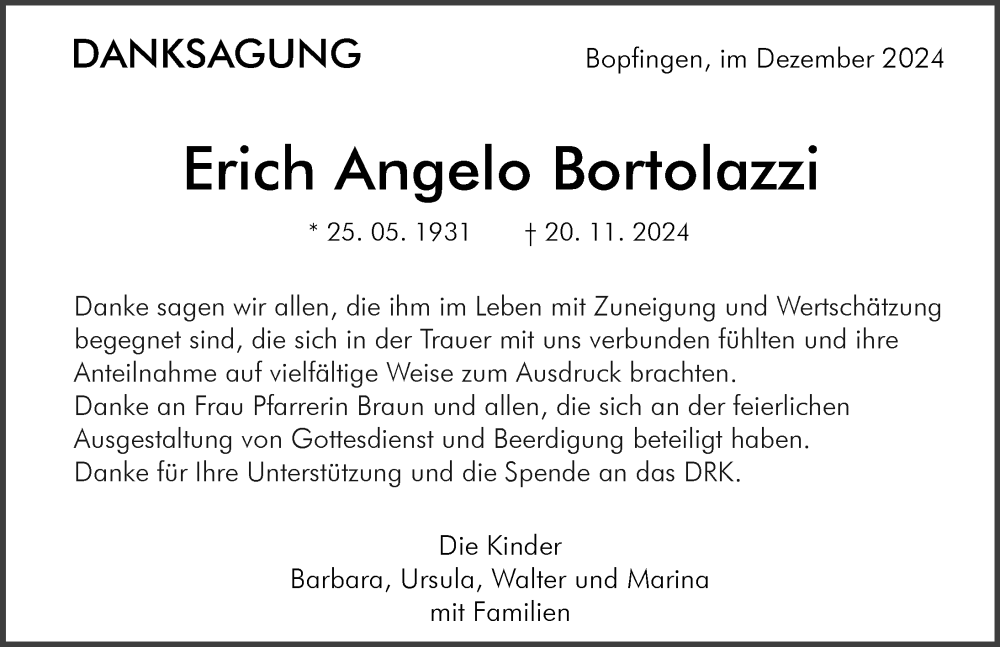 Traueranzeige von Erich Angelo Bortolazzi von Rieser Nachrichten