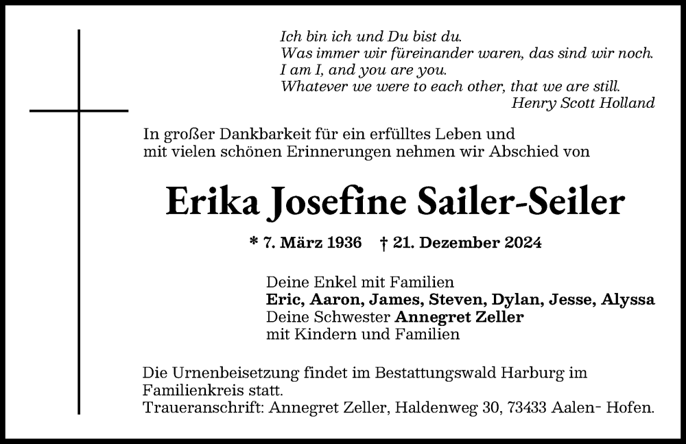 Traueranzeige von Erika Josefine Sailer-Seiler von Donauwörther Zeitung