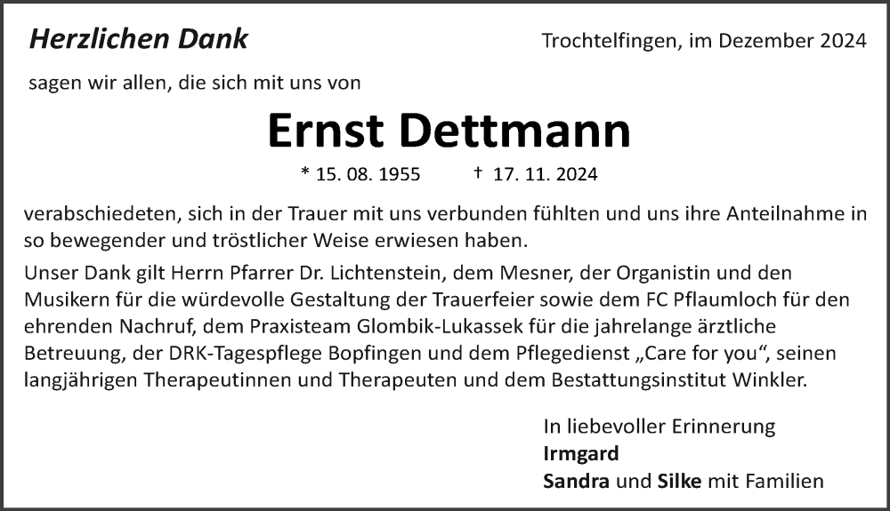 Traueranzeige von Ernst Dettmann von Rieser Nachrichten