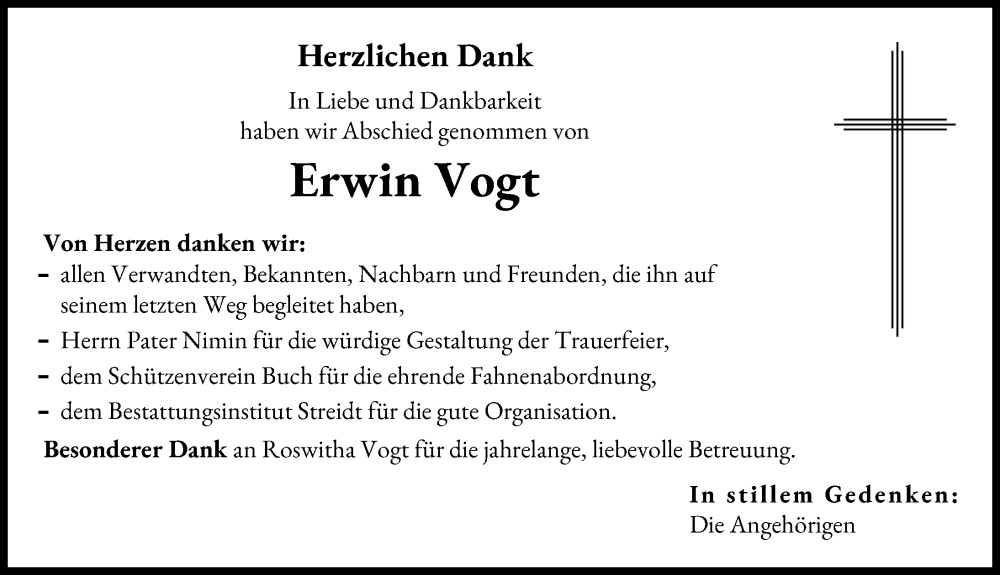 Traueranzeige von Erwin Vogt von Illertisser Zeitung