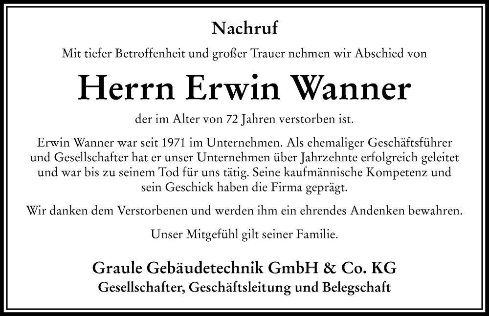 Traueranzeige von Erwin Wanner von Rieser Nachrichten