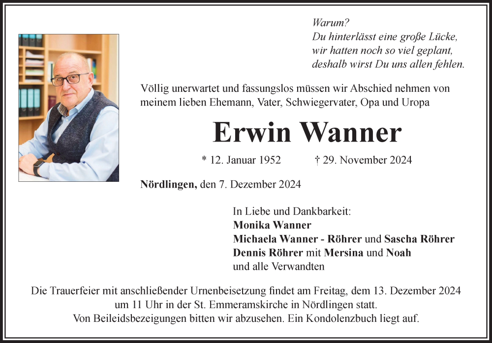 Traueranzeige von Erwin Wanner von Rieser Nachrichten