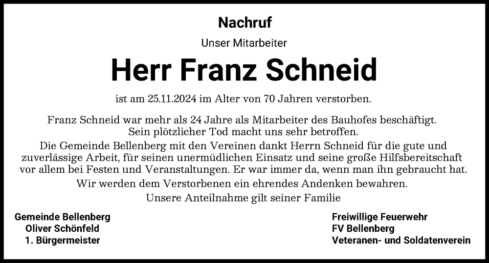 Traueranzeige von Franz Schneid von Illertisser Zeitung