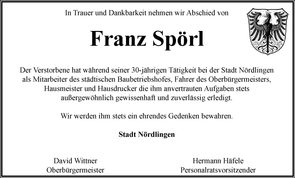 Traueranzeige von Franz Spörl von Rieser Nachrichten