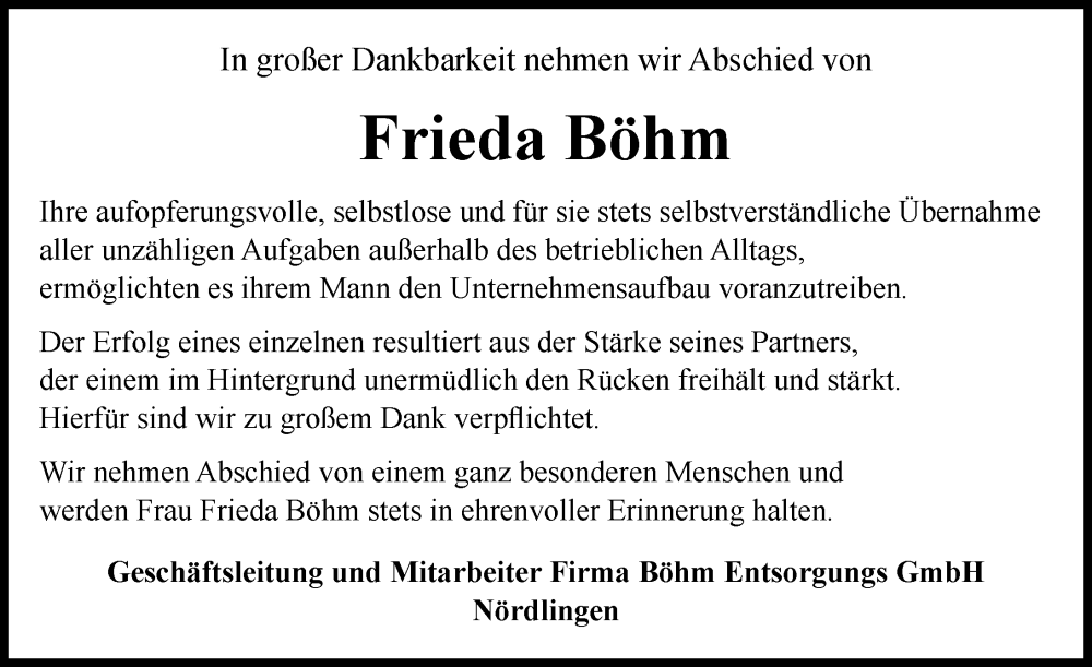 Traueranzeige von Frieda Böhm von Rieser Nachrichten