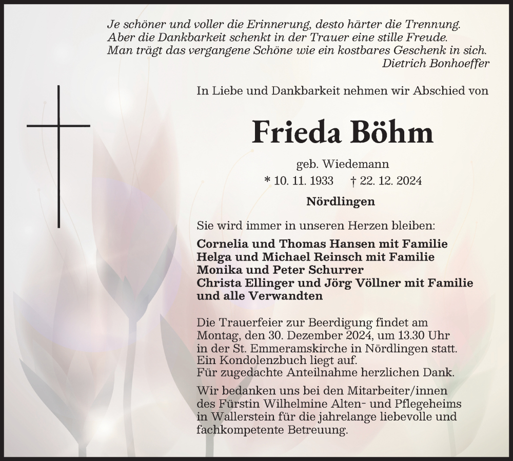 Traueranzeige von Frieda Böhm von Rieser Nachrichten