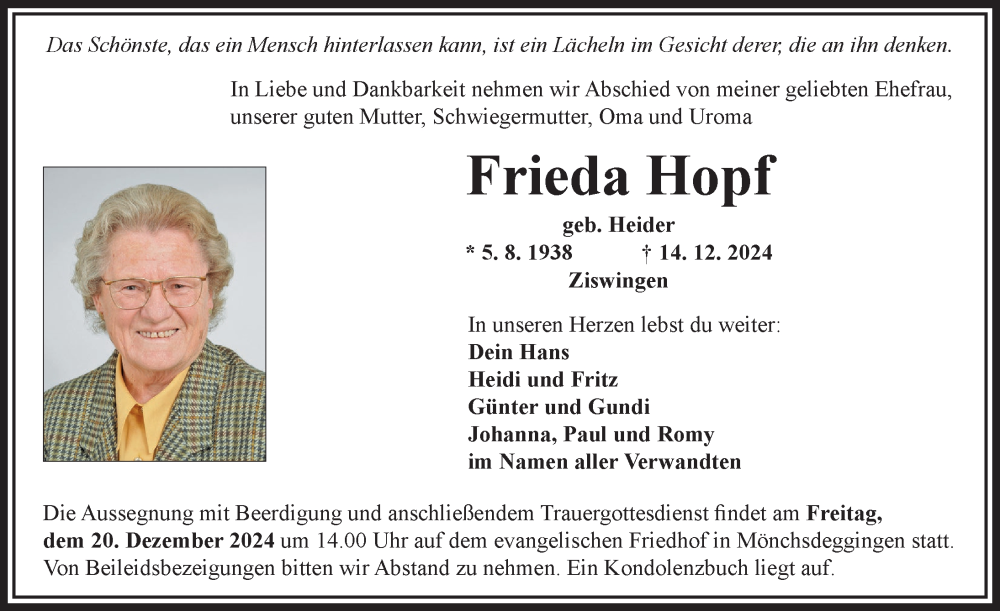 Traueranzeige von Frieda Hopf von Rieser Nachrichten