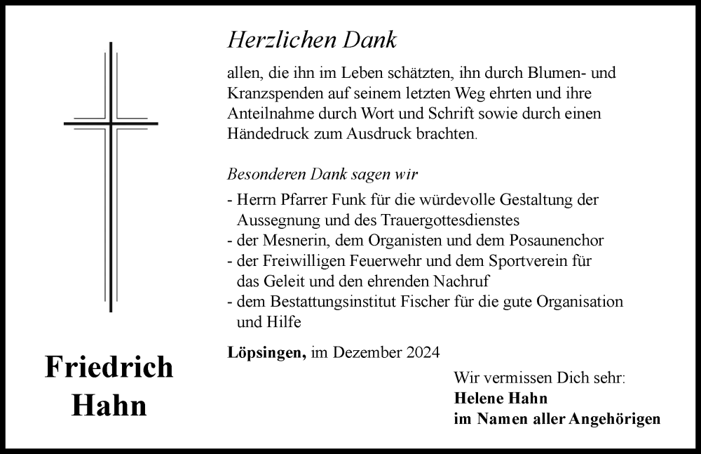 Traueranzeige von Friedrich Hahn von Rieser Nachrichten