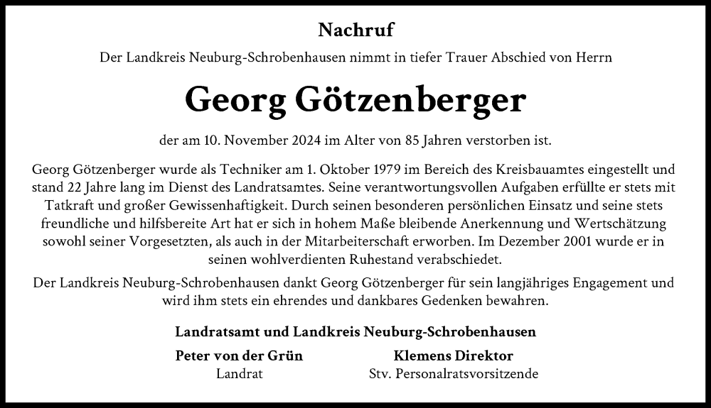 Traueranzeige von Georg Götzenberger von Neuburger Rundschau