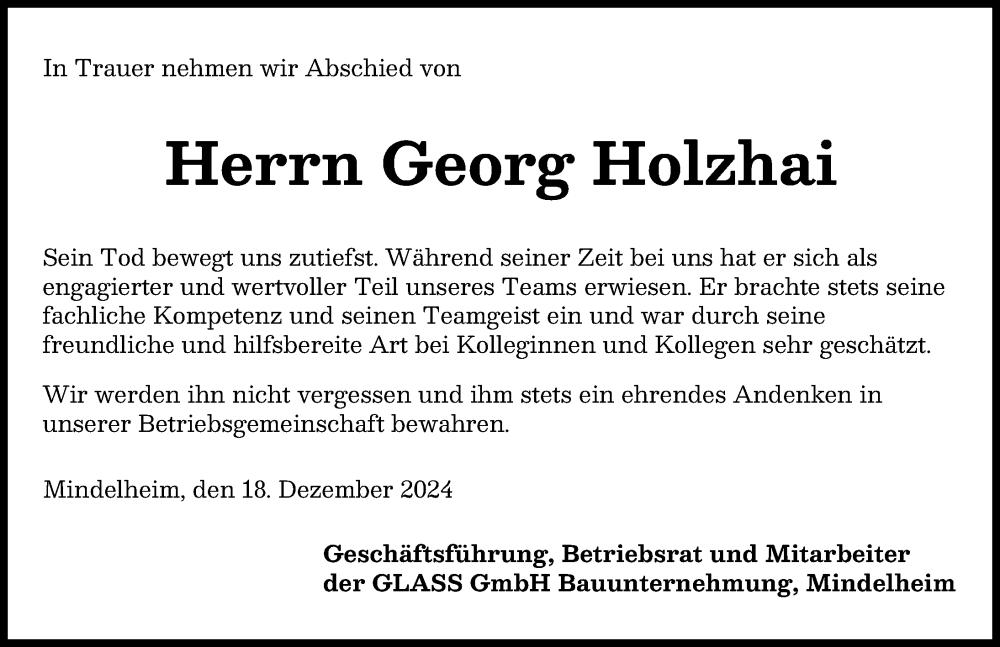 Traueranzeige von Georg Holzhai von Illertisser Zeitung