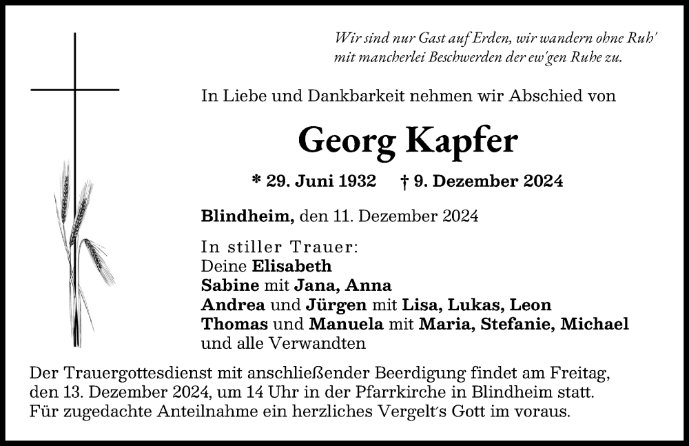 Traueranzeige von Georg Kapfer von Donau Zeitung