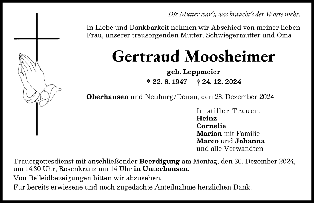 Traueranzeige von Gertraud Moosheimer von Neuburger Rundschau