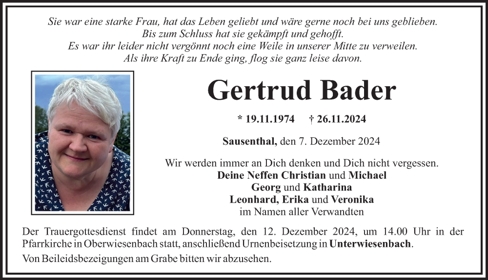  Traueranzeige für Gertrud Bader vom 09.12.2024 aus Mittelschwäbische Nachrichten