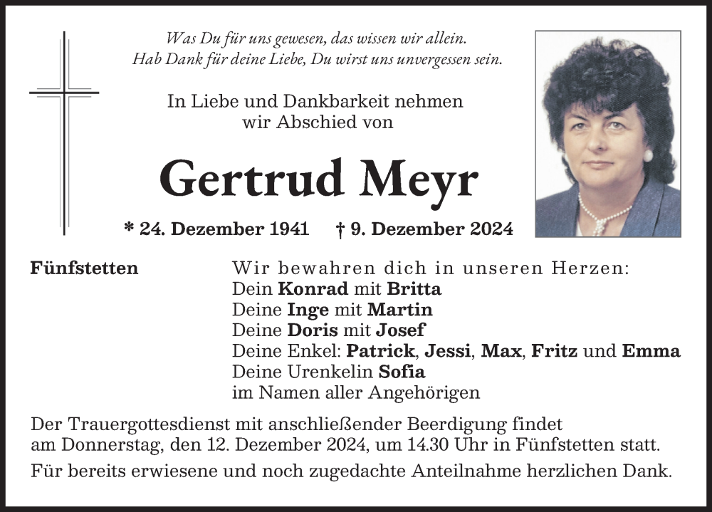 Traueranzeige von Gertrud Meyr von Donauwörther Zeitung