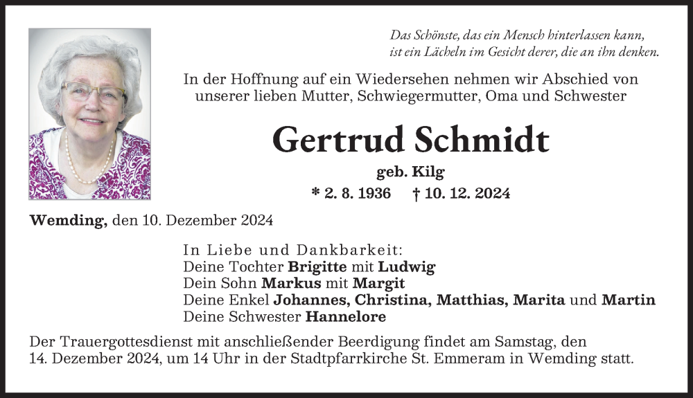 Traueranzeige von Gertrud Schmidt von Donauwörther Zeitung