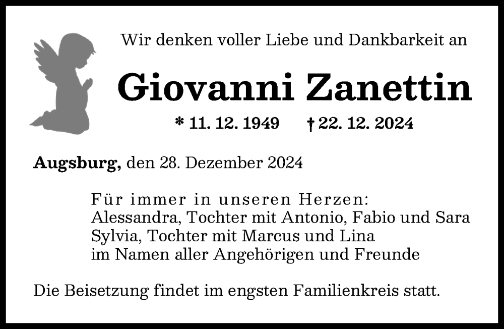 Traueranzeige von Giovanni Zanettin von Augsburger Allgemeine