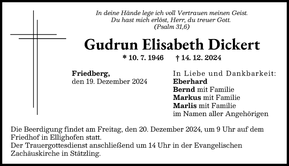 Traueranzeige von Gudrun Elisabeth Dickert von Friedberger Allgemeine