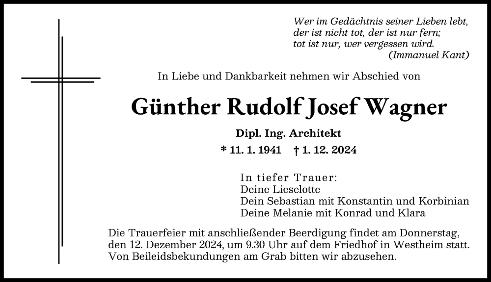 Traueranzeige von Günther Rudolf Josef Wagner von Augsburger Allgemeine