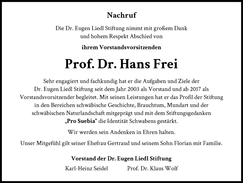 Traueranzeige von Hans Frei von Augsburger Allgemeine