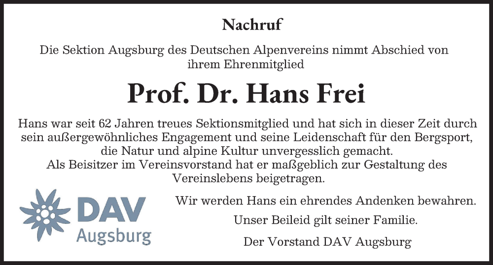 Traueranzeige von Hans Frei von Augsburger Allgemeine