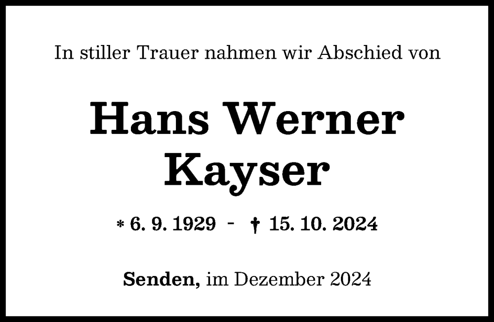 Traueranzeige von Hans Werner Kayser von Neu-Ulmer Zeitung