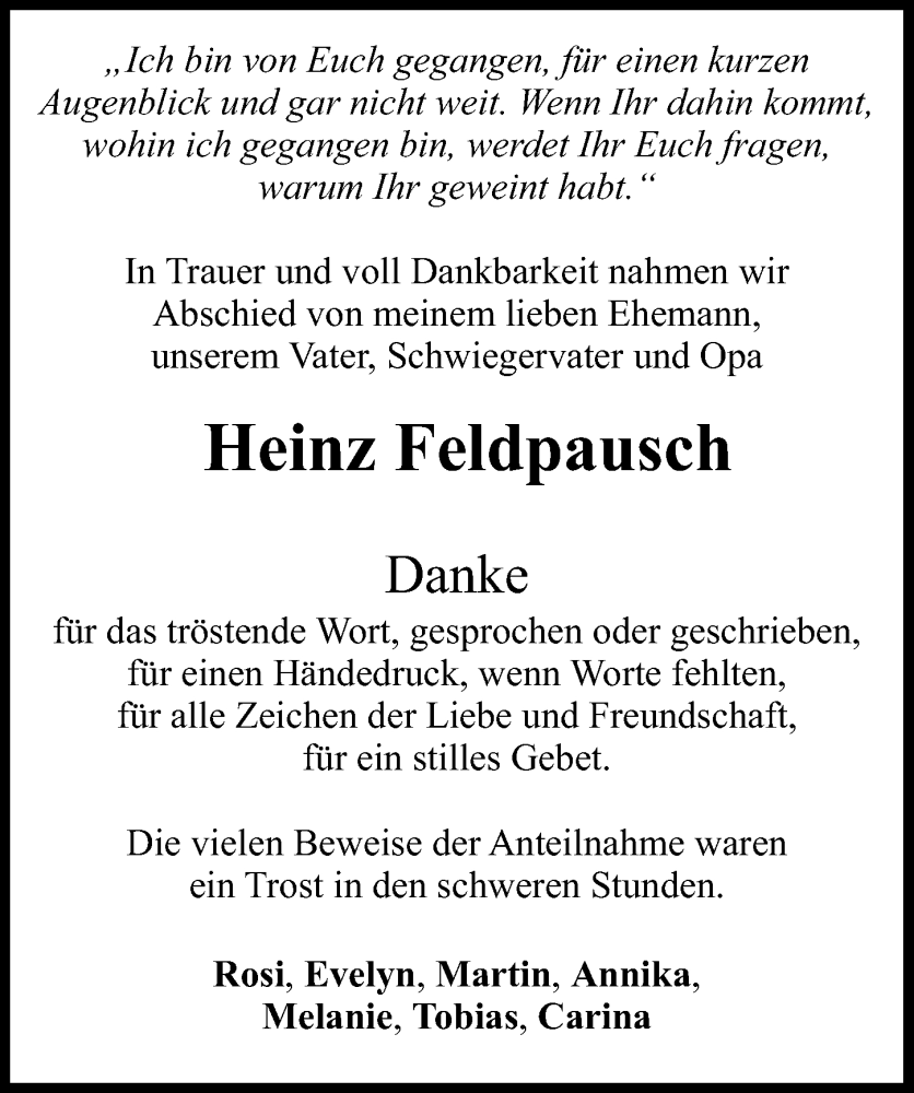 Traueranzeige von Heinz Feldpausch von Illertisser Zeitung