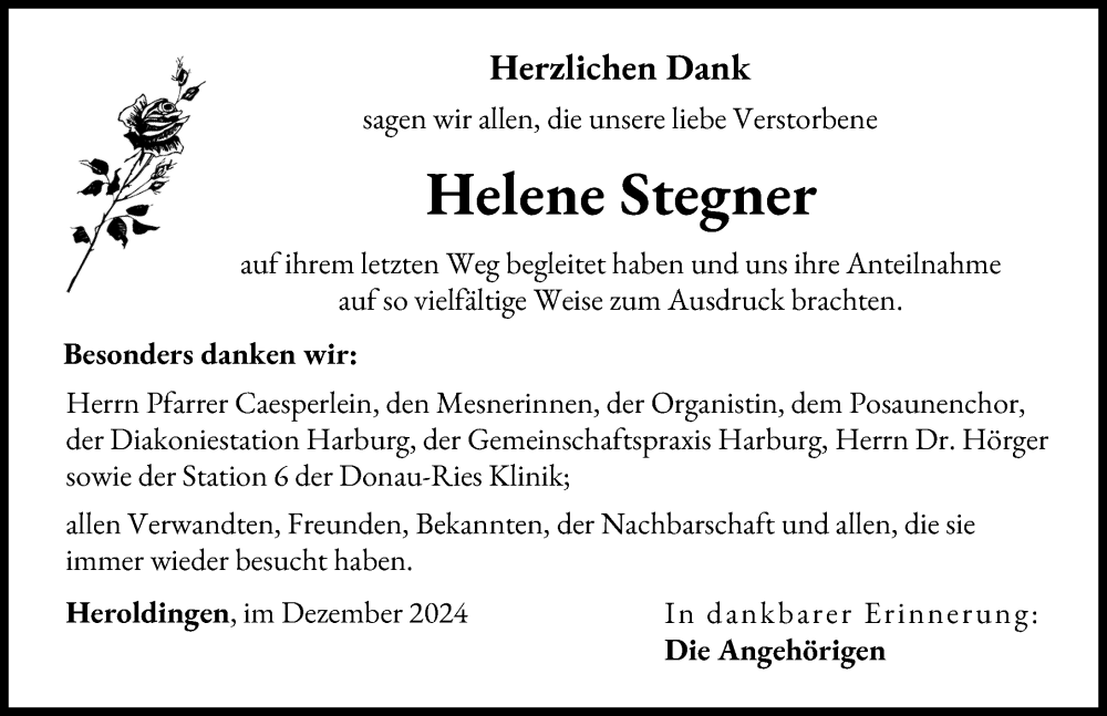 Traueranzeige von Helene Stegner von Rieser Nachrichten