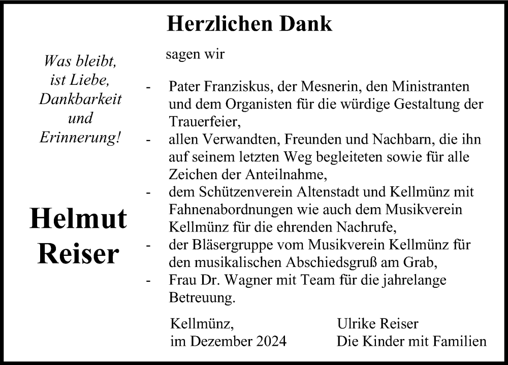 Traueranzeige von Helmut Reiser von Illertisser Zeitung