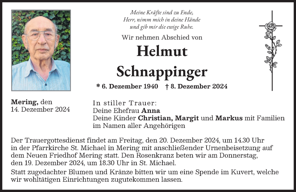 Traueranzeige von Helmut Schnappinger von Friedberger Allgemeine