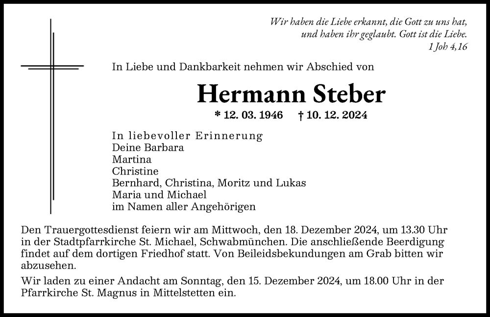 Traueranzeige von Hermann Steber von Schwabmünchner Allgemeine