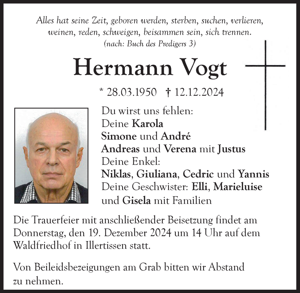 Traueranzeige von Hermann Vogt von Illertisser Zeitung