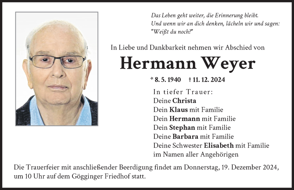 Traueranzeige von Hermann Weyer von Augsburger Allgemeine