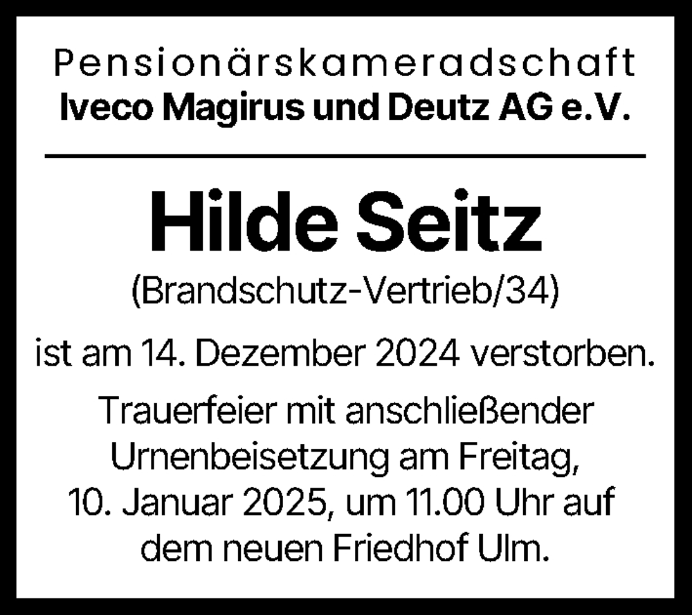 Traueranzeige von Hilde Seitz von Illertisser Zeitung, Günzburger Zeitung, Neu-Ulmer Zeitung