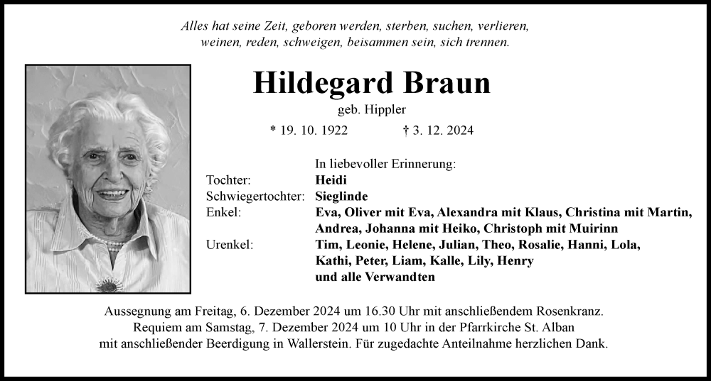 Traueranzeige von Hildegard Braun von Rieser Nachrichten