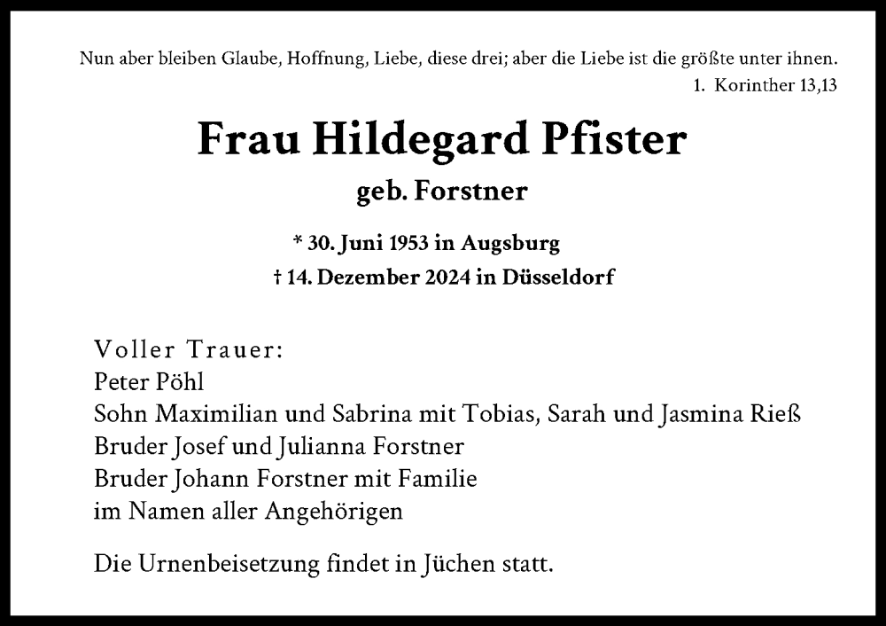 Traueranzeige von Hildegard Pfister von Friedberger Allgemeine, Aichacher Nachrichten