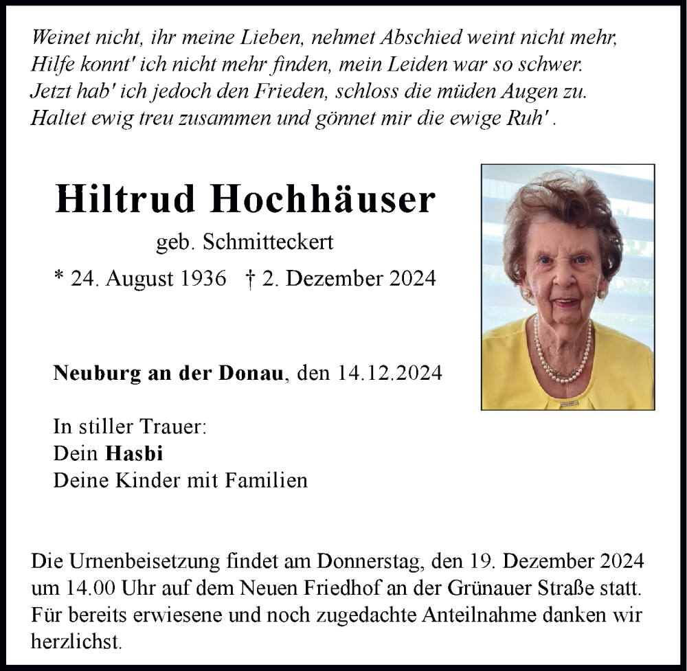 Traueranzeige von Hiltrud Hochhäuser von Neuburger Rundschau