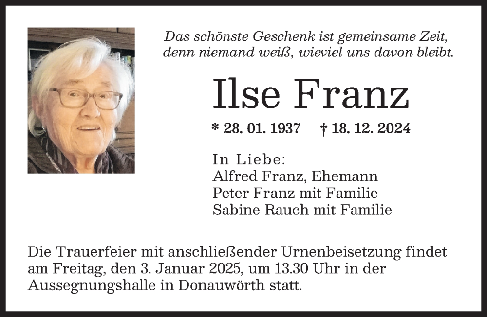 Traueranzeige von Ilse Franz von Donauwörther Zeitung